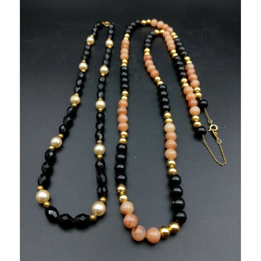 Beaded Necklaces Black Glass Plastic Gold Tone Lot Of 2 Vintage 80s